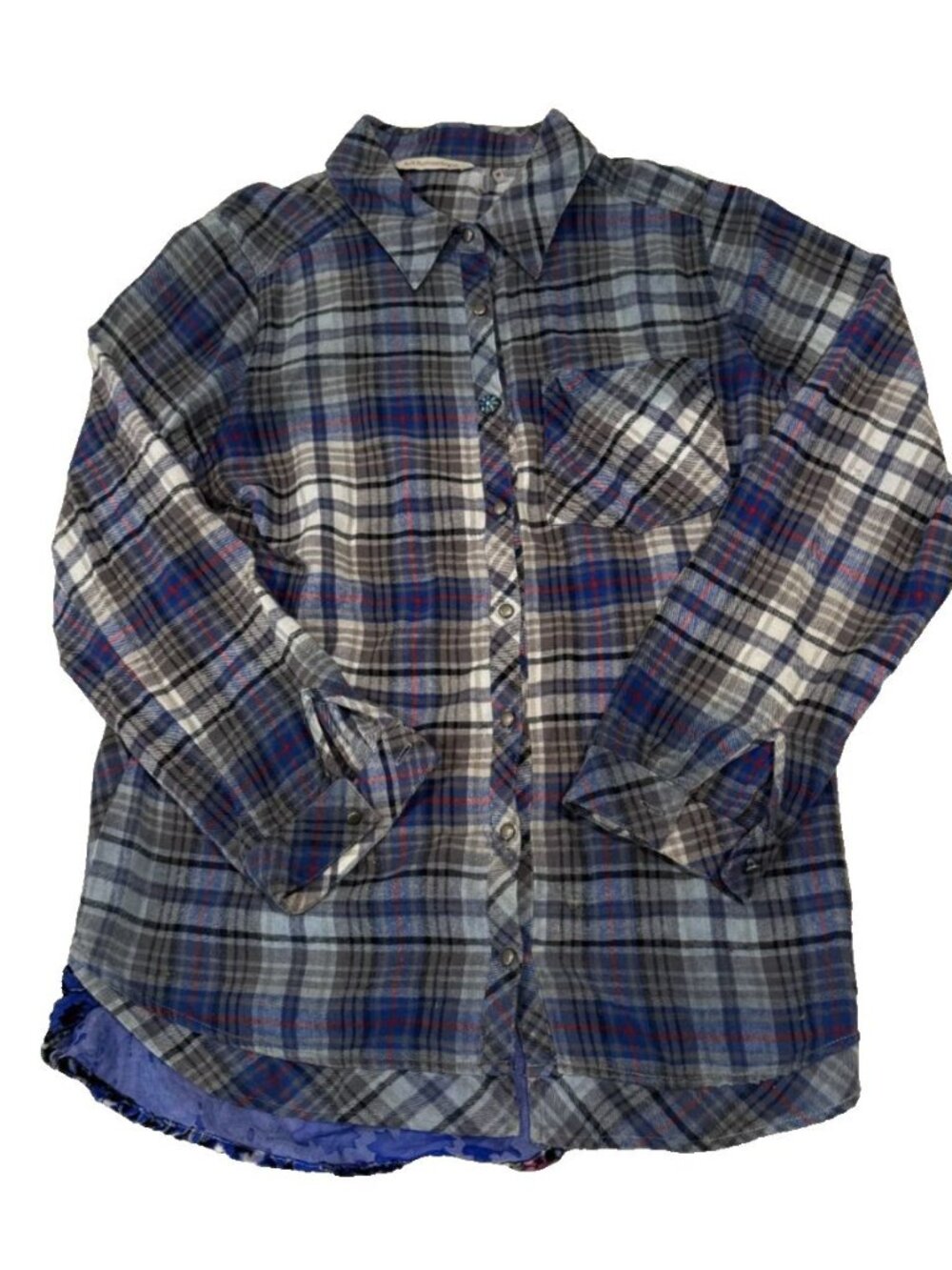 Soft Surroundings Vanita Plaid Tunic Medium M Mixed Media Embroidered Back Blue